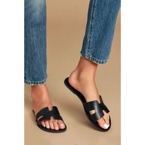 Lulu's Cadence Black Vachetta Leather Slide Sandals
